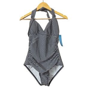 Draper James RSVP Halter Women One-Piece Swimsuit blue white Gingham Seersucker